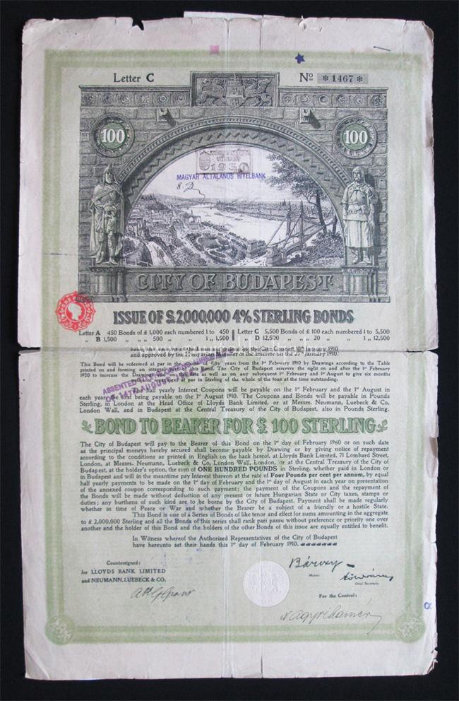 Budapest Székesfőváros kötvény 100 font 1910